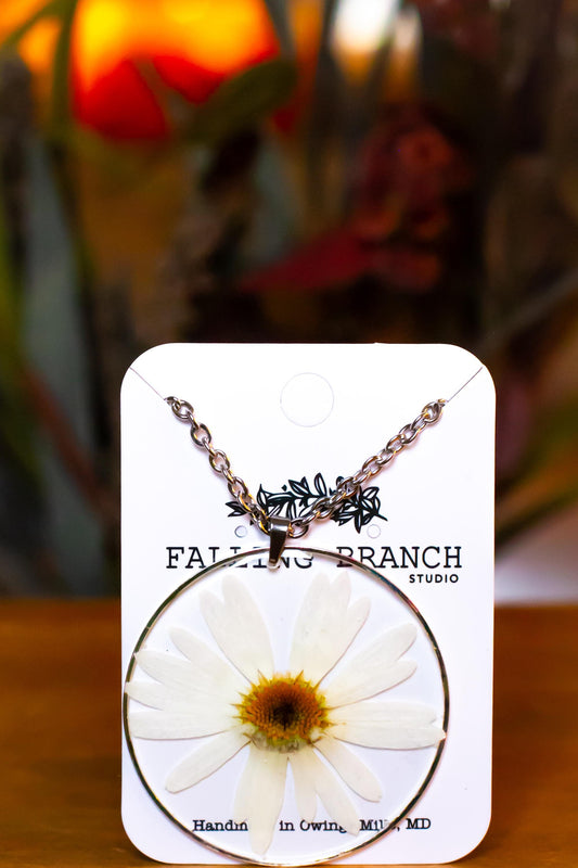 Large Daisy Necklace - Real Pressed Flower Pendant - Boho Minimalist Jewelry for Nature Lovers