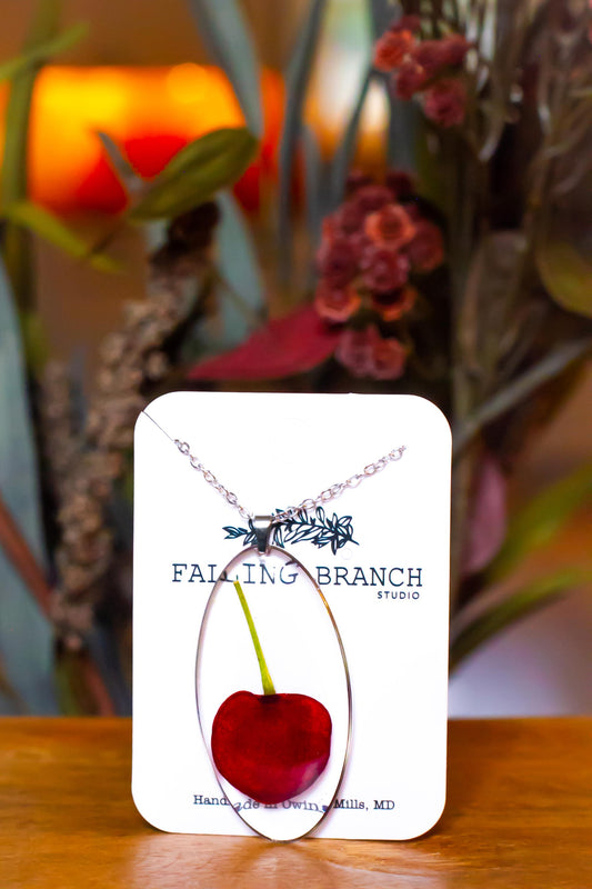 Real Pressed Cherry Necklace - Dainty Boho Minimalist Fruit Pendant - Handmade Epoxy Resin Jewelry - Unique Gift for Nature Lovers